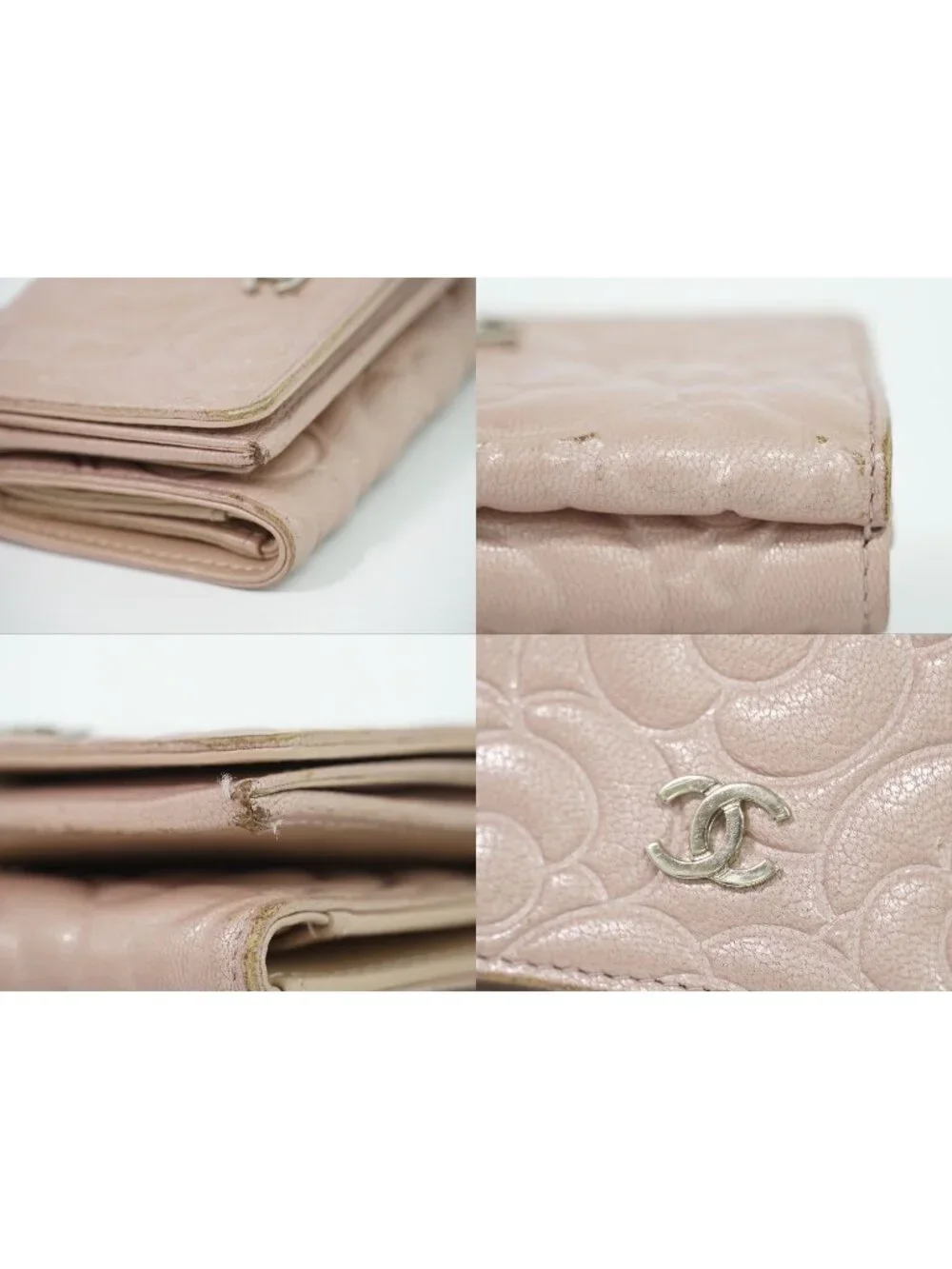 Chanel Camellia CC Logo Trifold Folded Wallet Compact Leather Pink